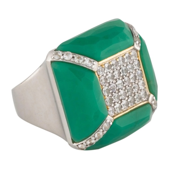 KARA ROSS Chrysoprase Sapphire Large Sterling Silver Gold Plated Ring Sz. 7-7.25 - Picture 1 of 4